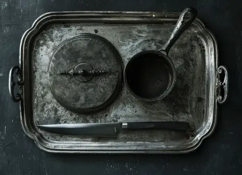 Старинный серебряный поднос с крышкой, ковшом и ножом