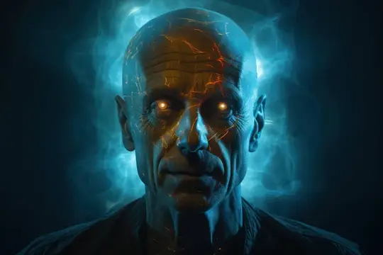 3D-рендер лысого мужчины с сияющими глазами и трещинами на лице