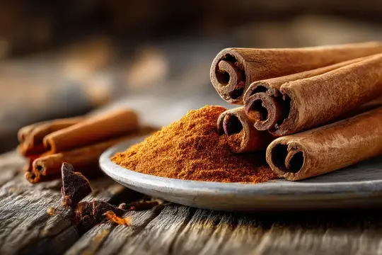 Палочки корицы и молотая корица на деревянном столе