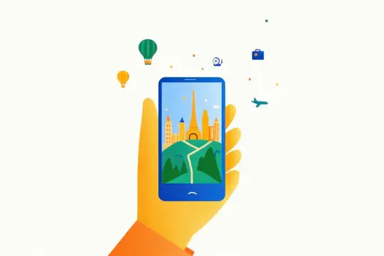 Яркая иллюстрация руки, держащей смартфон с городскими достопримечательностями и красочными иконками, символизирующими темы путешествий