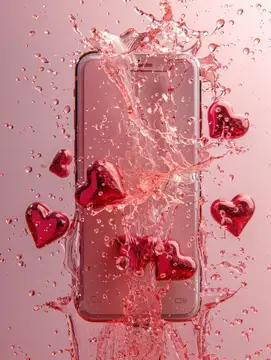 3D-рендер смартфона в брызгах воды с красными сердцами