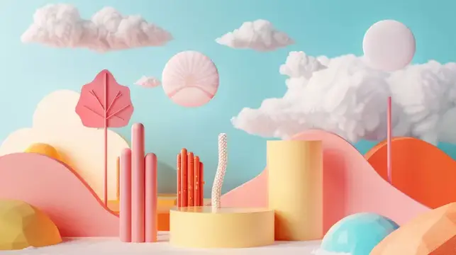 3D-рендер пастечного пейзажа с облаками и геометрическими фигурами