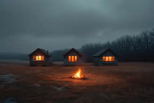 Три деревянных домика с тёплым светом в окнах и костёр в сумеречном поле