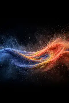 Абстрактная волна из синих и оранжевых частиц на чёрном фоне