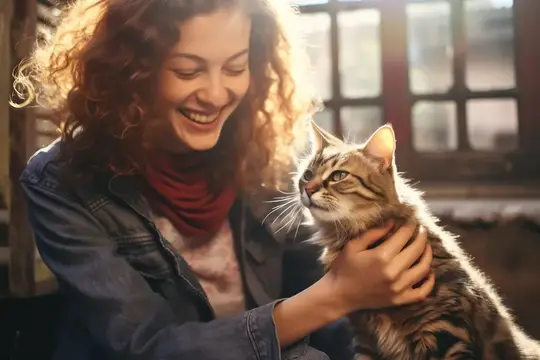 Улыбающаяся кудрявая девушка держит на руках полосатого кота