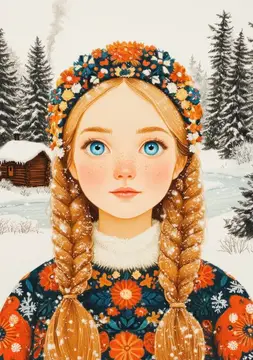 Очаровательная зимняя иллюстрация юной девушки с заплетенными в косы волосами, одетой в красочное цветочное платье, в окружении заснеженных деревьев