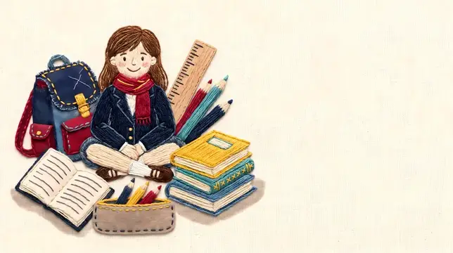 Иллюстрация школьницы с рюкзаком и учебными принадлежностями