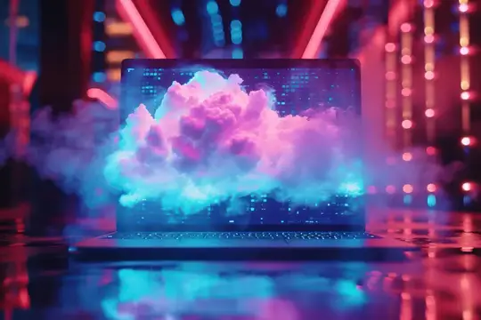 3D-рендер ноутбука с облаком данных в неоновом свете