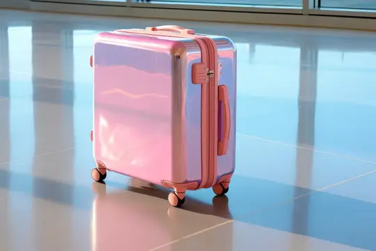 Розовый чемодан на колёсиках стоит в светлом аэропорту