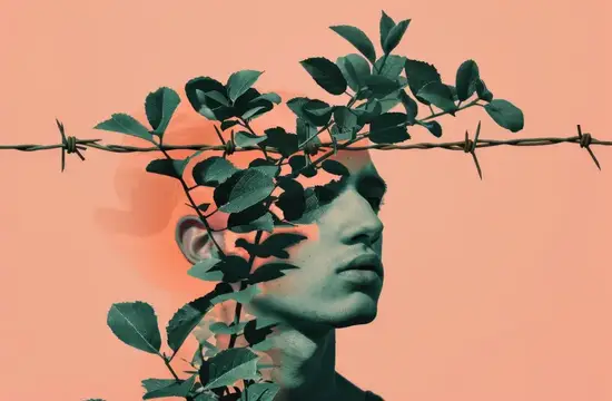 Коллаж с профилем мужчины, ветвями и колючей проволокой на персиковом фоне