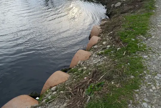 Каменные блоки вдоль заросшего травой берега водоёма