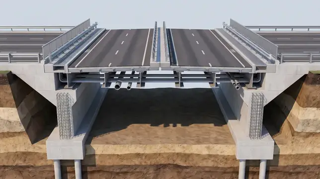 Реалистичная 3D-сцена моста и дорожной инфраструктуры с сбалансированными структурными деталями для использования в планировании