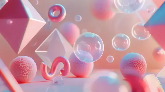 3D-рендер с розовыми шарами, кристаллами и прозрачными пузырями