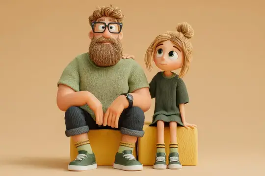 3D-иллюстрация бородатого мужчины в очках и девочки с пучком на жёлтом блоке