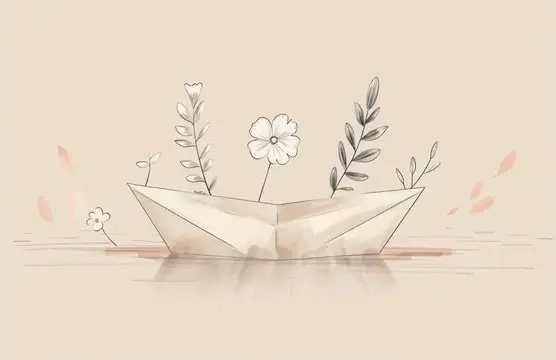 Безмятежный бумажный кораблик, украшенный цветущими цветами и листвой, мягко покачивающийся на спокойной воде