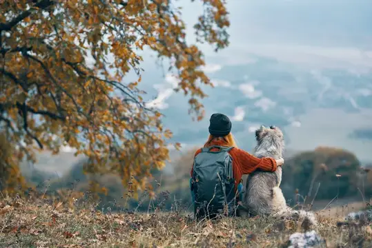 Женщина с собакой сидит на земле в горах на природе