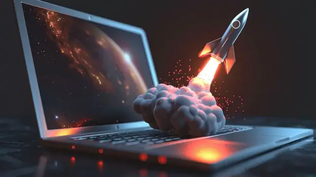3D-рендер ракеты, взлетающей с клавиатуры ноутбука