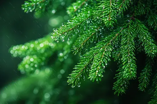Ветви ели с каплями дождя крупным планом