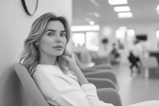 Задумчивая светловолосая женщина сидит в кресле в светлом холле