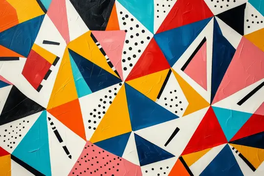 Яркая геометрическая композиция, абстрактная живопись с разноцветными треугольниками, точками, в цветах чёрного, белого, красного, оранжевого и жёлтого