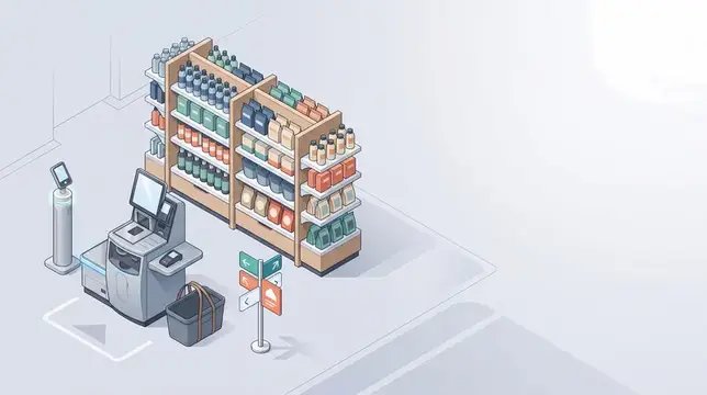 3D-рендер кассы самообслуживания и стеллажей с товарами в магазине