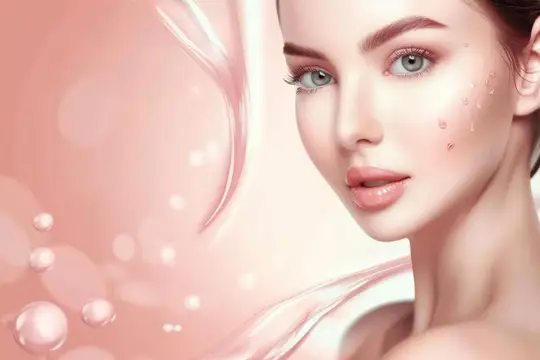 Портрет светловолосой женщины с каплями на коже на розовом фоне