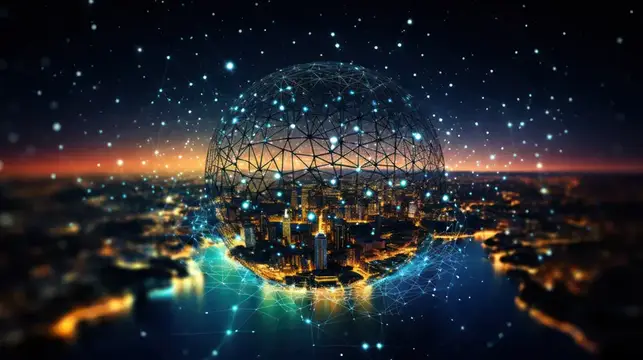 3D-рендер ночного города под светящейся сетчатой сферой