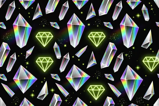 Иллюстрация с радужными кристаллами и светящимися алмазами на чёрном фоне