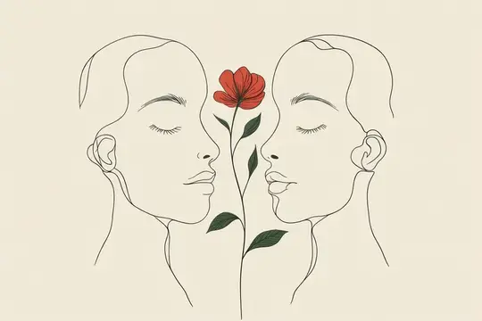 Красивое изображение в стиле лайн-арт, показывающее два безмятежных лица с закрытыми глазами в окружении изящного красного цветка, символизирующее любовь, близость и эмоциональную связь в…