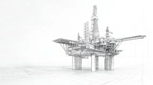 Детальный рисунок линиями морской нефтяной платформы подчеркивает инженерный и промышленный дизайн на чистом белом фоне, представляя темы энергетики и технологий