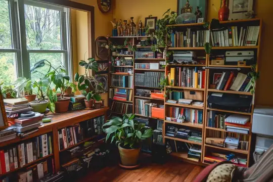 Уютная домашняя библиотека с книжными полками и комнатными растениями у окна