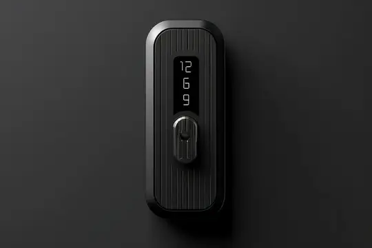 3D-рендер чёрного умного замка с дисплеем на тёмном фоне