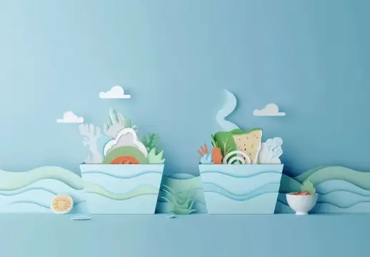 Две декоративные корзины, наполненные яркими овощами и фруктами, в спокойной голубой обстановке с игривыми волнами и облаками