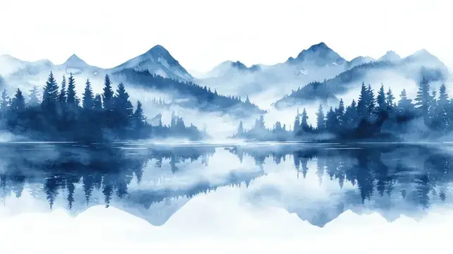 Акварельный пейзаж с горами, хвойным лесом и туманом над водой