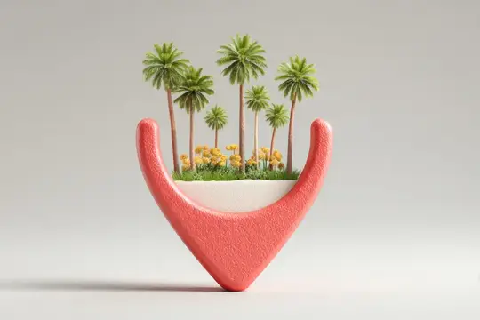 3D-рендер тропического острова с пальмами в розовой чаше