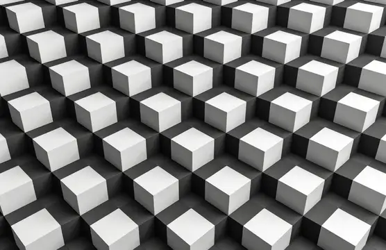 3D-рендер с рядами белых кубов на чёрном фоне
