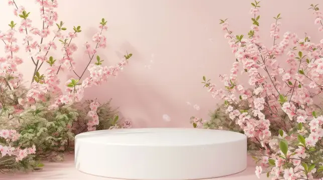 3D-рендер весеннего подиума с ветками сакуры на розовом фоне