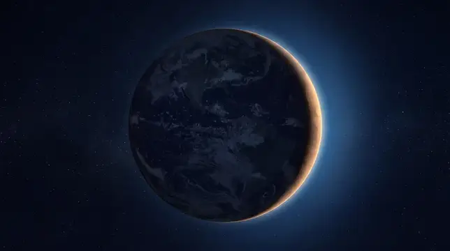 3D-рендер Земли с тонкой светящейся атмосферой в тёмном космосе