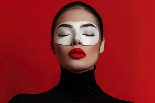 Молодая женщина с белой маской под глазами на красном фоне