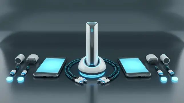 3D-рендер зарядной станции с кабелями и смартфонами