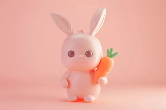 3D-рендер милого белого кролика с морковкой на розовом фоне