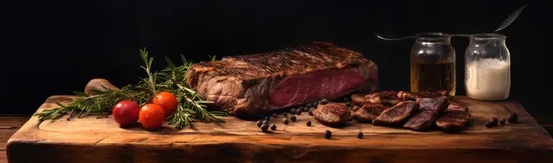 Соленое мясо на деревянной доске с розмарином
