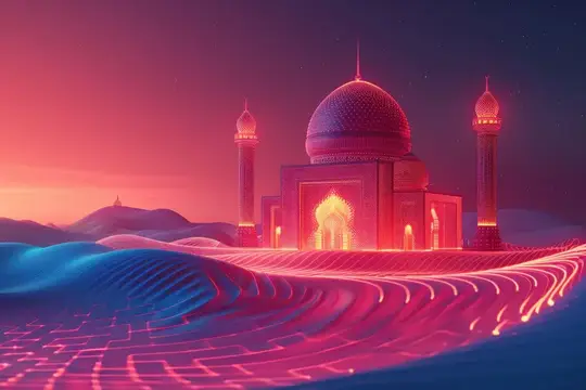 3D-рендер светящейся мечети среди неоновых дюн на закате