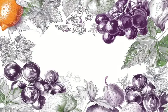 Иллюстрация с виноградом, клубникой и цитрусами в виноградных листьях