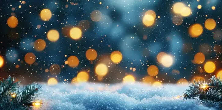 Праздничный зимний фон с золотыми огнями и снегом