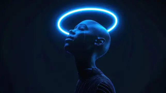 3D-рендер лысого мужчины с синим неоновым нимбом над головой