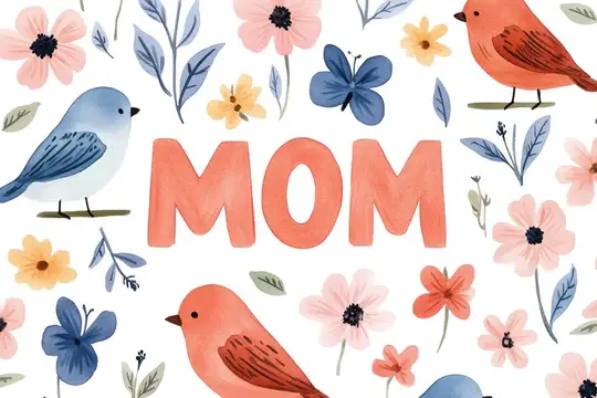 Акварельная открытка с надписью MOM и птицами в цветах