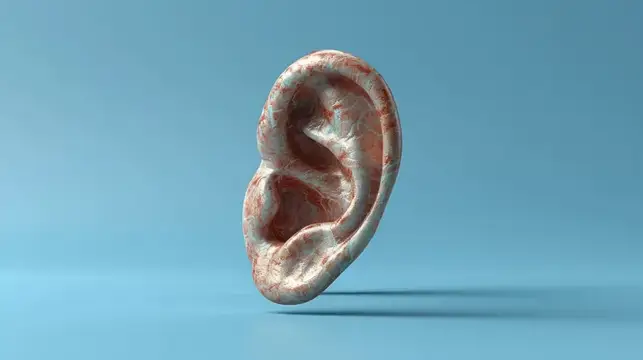 Детализированная 3D-визуализация человеческого уха с красным пятном на поверхности голубого фона