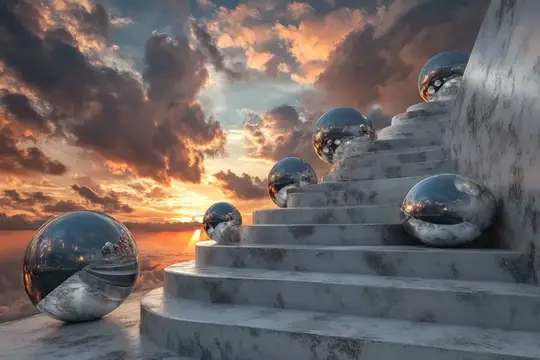 3D-рендер зеркальных сфер на мраморной лестнице в лучах заката