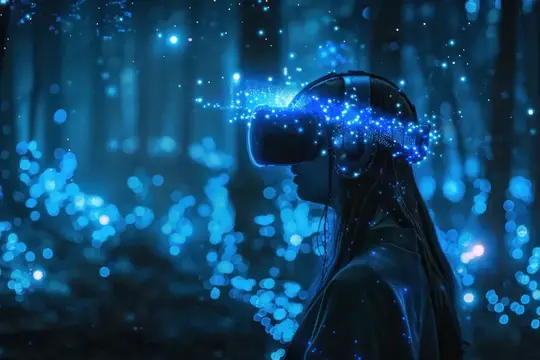Девушка в VR-очках среди светящихся синих частиц в лесу